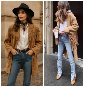 Divine Heritage Camel Wool Fringe Shawl Coat Western Boho Jacket L NWT Cowgirl